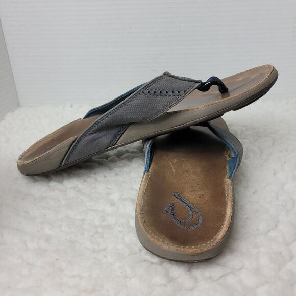 OluKai Nui Sandal Mens Flip Flop Size 12 Tan Gray Leather Sandals - Picture 5 of 11